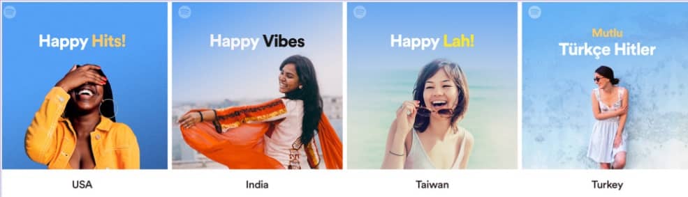 Приклад локалізації обкладинки плейлиста “Happy Hits” в Spotify для різних країн