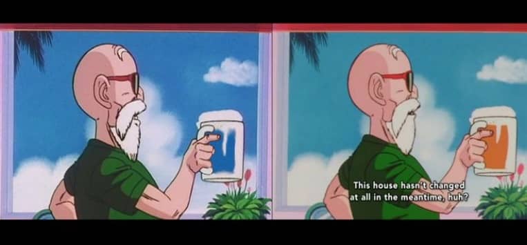 Приклад локалізації японського аніме для англомовної аудиторії: бокал з пивом замінений на бокал з водою