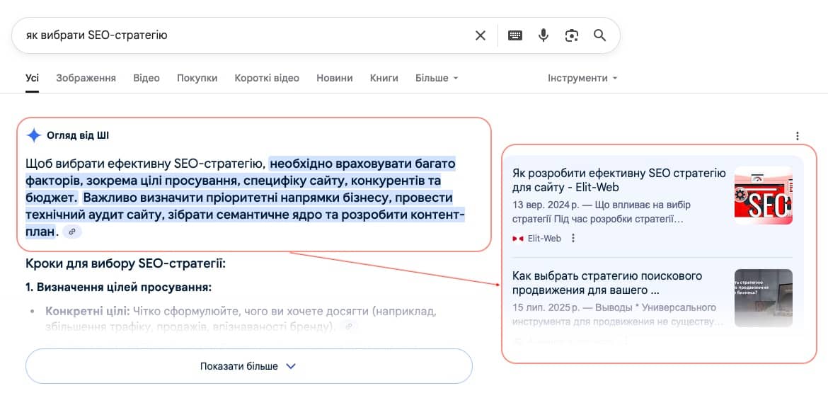 Приклад відповіді AI Overviews