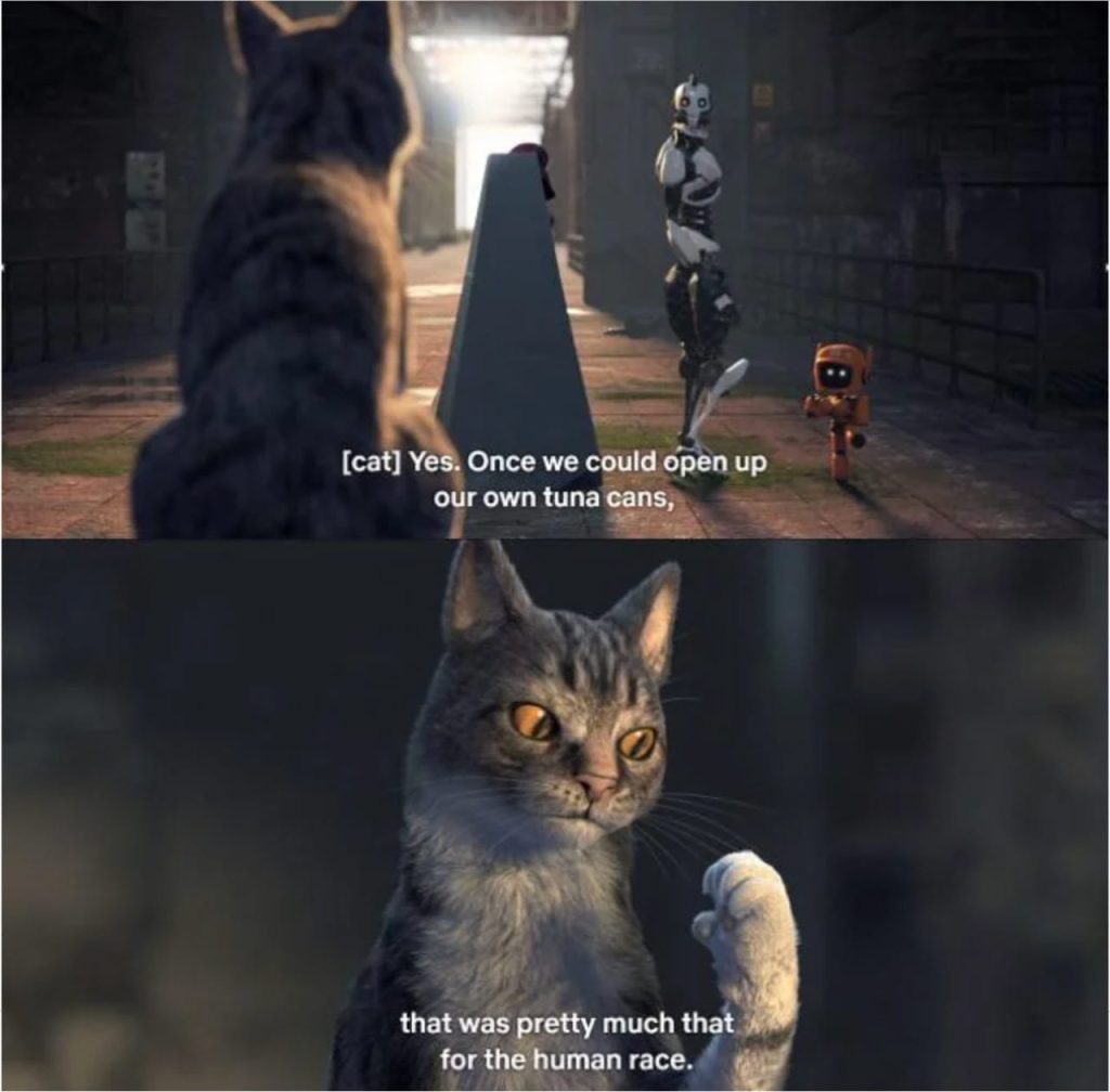 Генномодифікований котко з «приробленим» пальцем пояснює, що людство вимерло через його вид у тому числі. Серіал Netflix «Любов, смерть і роботи», сезон 1, серія 1 «Три роботи»