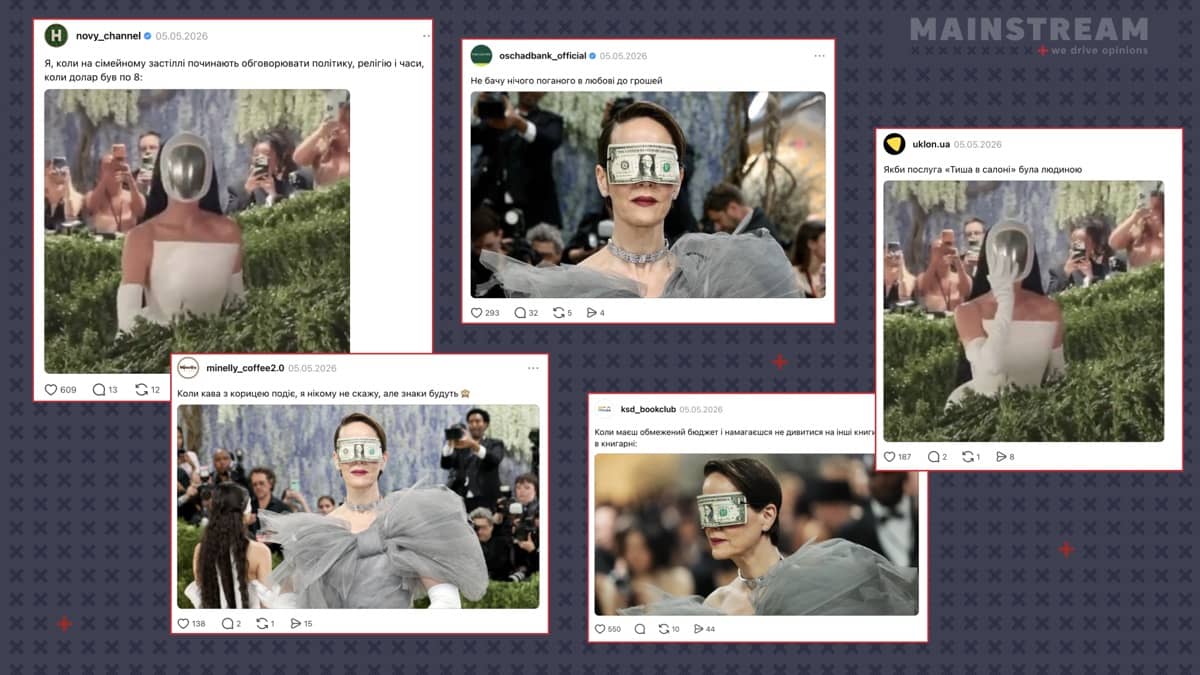 Публікації @novy_channel, @oschadbank_official, @uklon.ua, @minelly_coffee2.0 та @ksd_bookclub у Threads