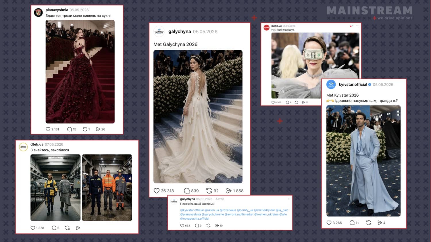 Публікації @pianavyshnia, @dtek.ua, @galychyna, @pumb.ua та @kyivstar.officia у Threads