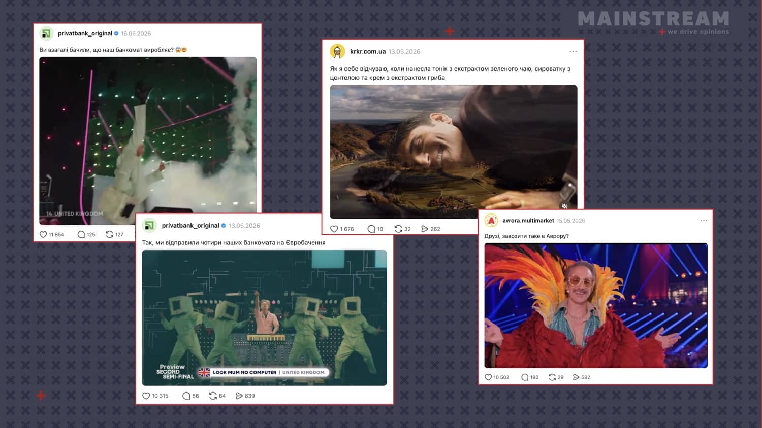 Публікації @privatbank_original, @krkr.com.ua та @avrora.multimarket у Threads