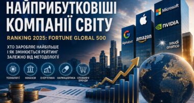 Ілюстрація до рейтингу найприбутковіших компаній світу у 2025 році: хмарочоси з логотипами Apple, Microsoft, Alphabet, Amazon, NVIDIA та Saudi Aramco, графік зростання, монети та глобус