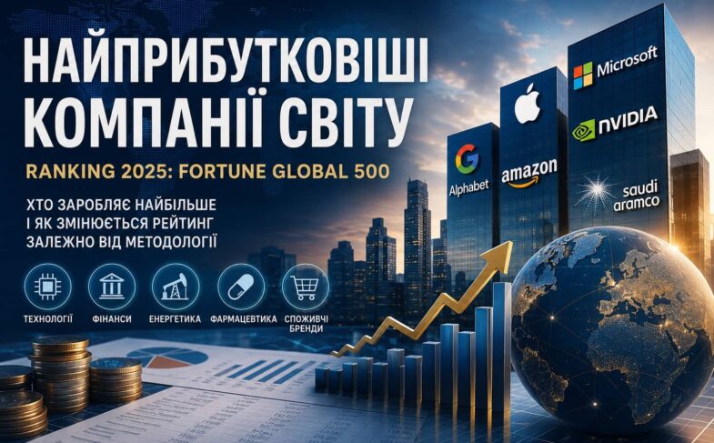 Ілюстрація до рейтингу найприбутковіших компаній світу у 2025 році: хмарочоси з логотипами Apple, Microsoft, Alphabet, Amazon, NVIDIA та Saudi Aramco, графік зростання, монети та глобус