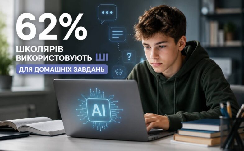 Школяр використовує штучний інтелект на ноутбуці для виконання домашнього завдання. Ілюстрація до новини про зростання використання ШІ в освіті та навчанні.