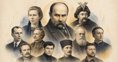 Колаж найвидатніших українців за опитуванням Rating Group: Шевченко, Леся Українка, Хмельницький та інші
