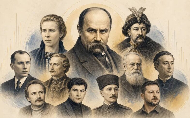 Колаж найвидатніших українців за опитуванням Rating Group: Шевченко, Леся Українка, Хмельницький та інші