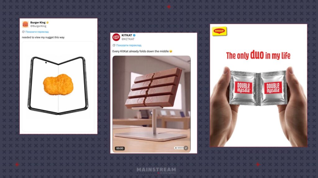 Публикации @BurgerKing, @KITKAT в Х и @maggiindia в Instagram