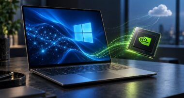 Ноутбук із символом Windows і чип NVIDIA, поєднані світловими потоками даних