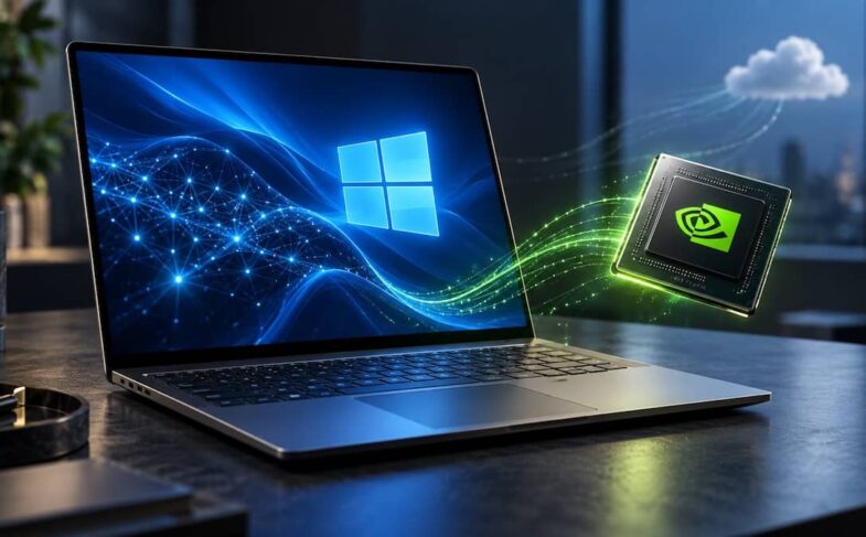 Ноутбук із символом Windows і чип NVIDIA, поєднані світловими потоками даних