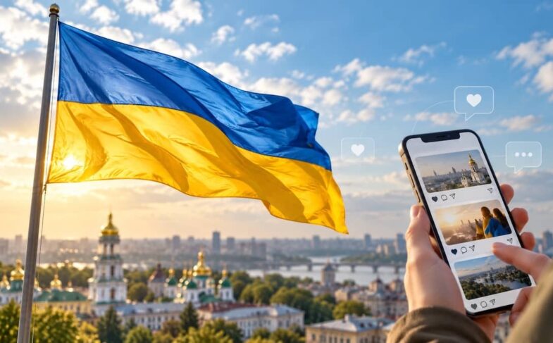 Прапор і смартфон над Києвом