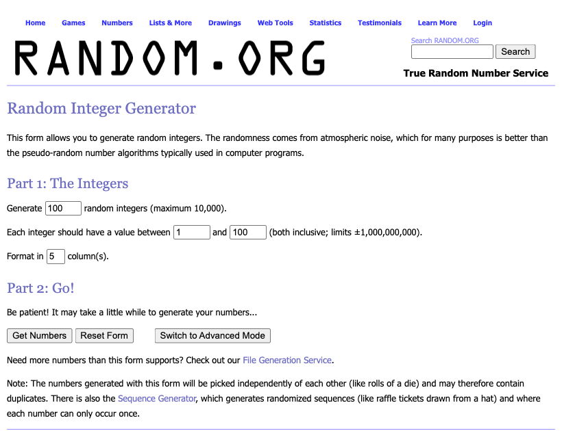 Форма Random Integer Generator на RANDOM.ORG для генерации случайных целых чисел в заданном диапазоне