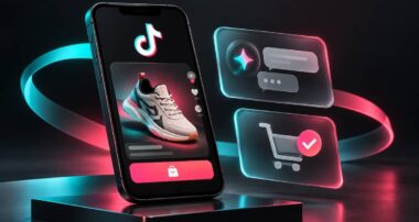 Смартфон із логотипом TikTok, карткою товару, ШІ-чатом і кошиком покупок.