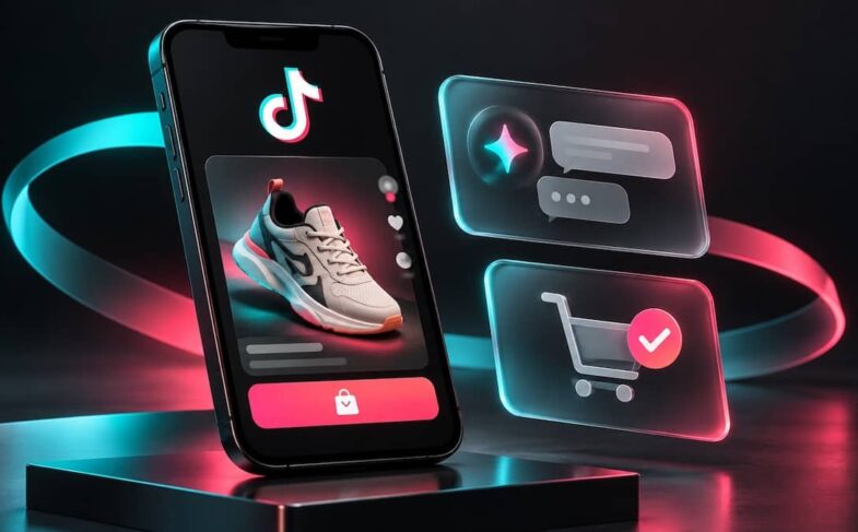 Смартфон із логотипом TikTok, карткою товару, ШІ-чатом і кошиком покупок.