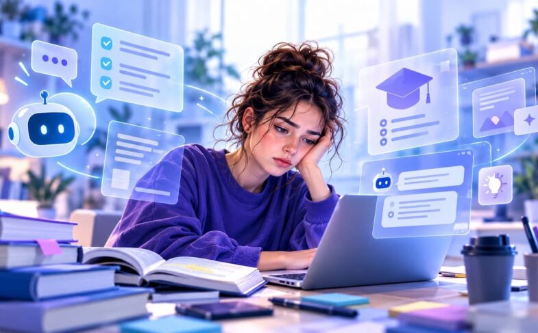 Втомлена студентка серед голографічних AI-інтерфейсів