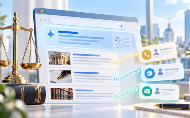 Юридичний блог як джерело звернень клієнтів в умовах пошуку з AI Overview. Ілюстрацію створено за допомогою ШІ для Marketer.ua.